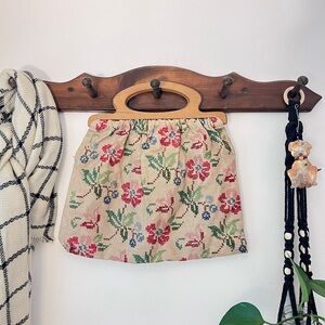 Vintage 50s Cross Stitch Needlepoint Floral Handbag